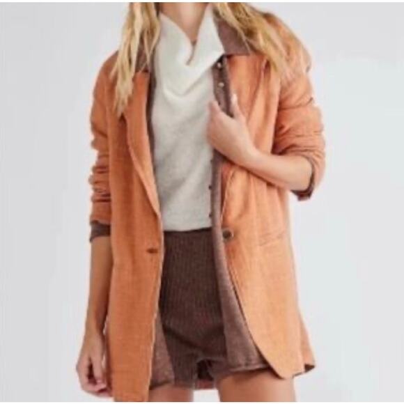 Free People NWOT We The Free Brown Button Linen Cotton Blend Heavy Blazer Jacket - Picture 3 of 9